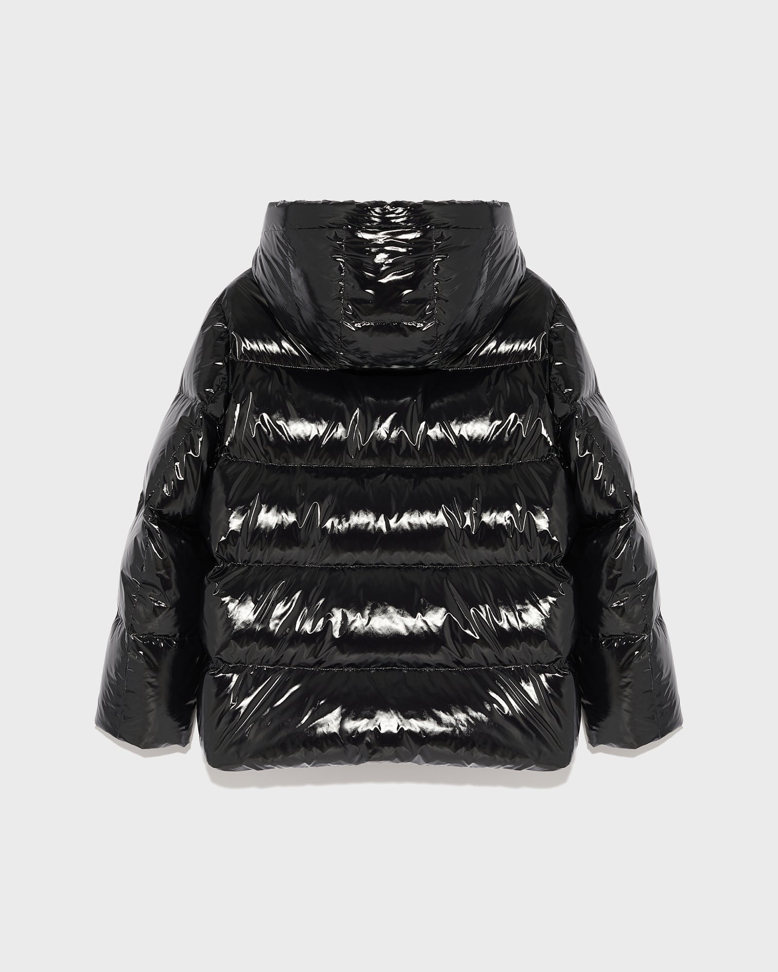 Hooded down jacket in shiny laminated nylon