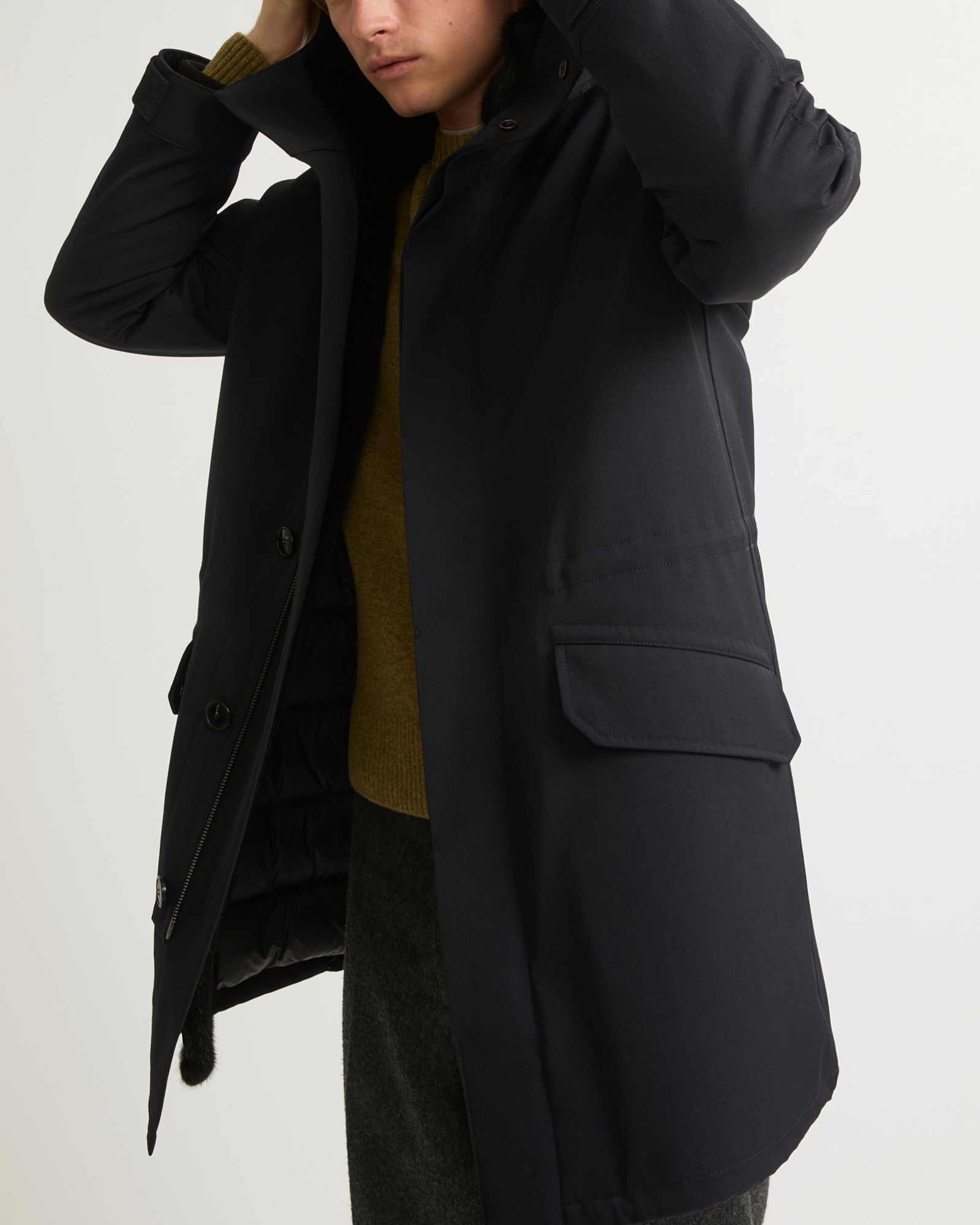 Parka in technical wool and mink fur - Navy blue - Yves Salomon