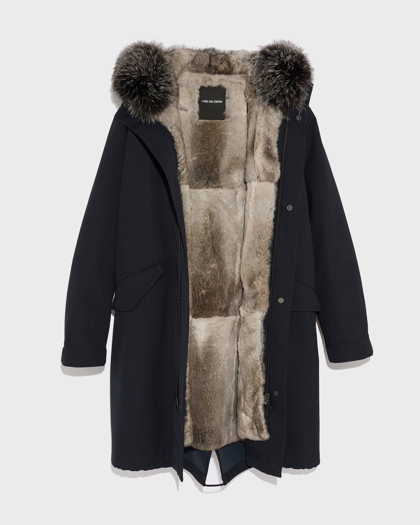 Soldes d'hiver  - Yves Salomon -Parka fishtail longue en tissu technique et fourrure de renard et lapin imperméable