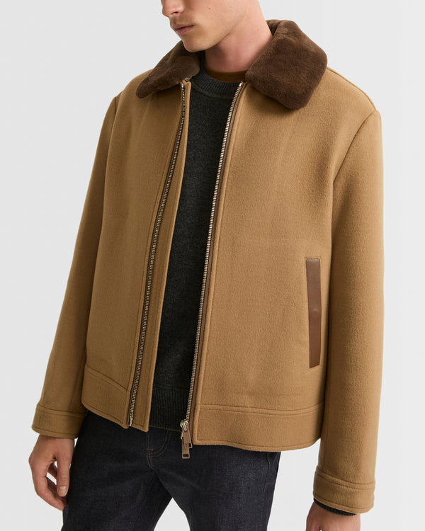 Veste zippée en tissu double-face laine-cachemire avec col en fourrure de vison