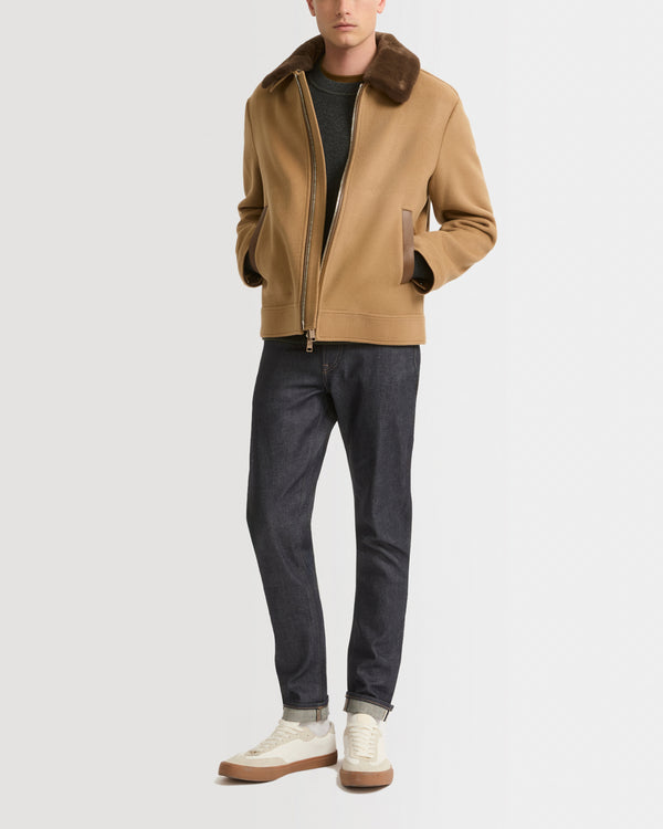 Veste zippée en tissu double-face laine-cachemire avec col en fourrure de vison