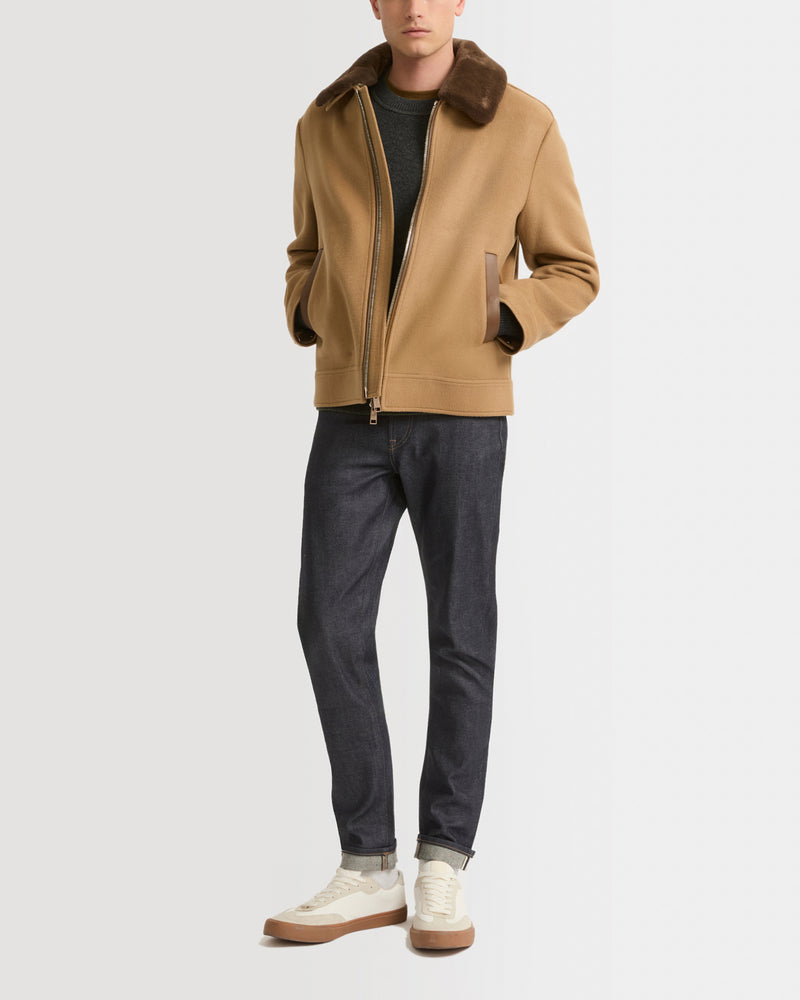 Veste zippée en tissu double-face laine-cachemire avec col en fourrure de vison