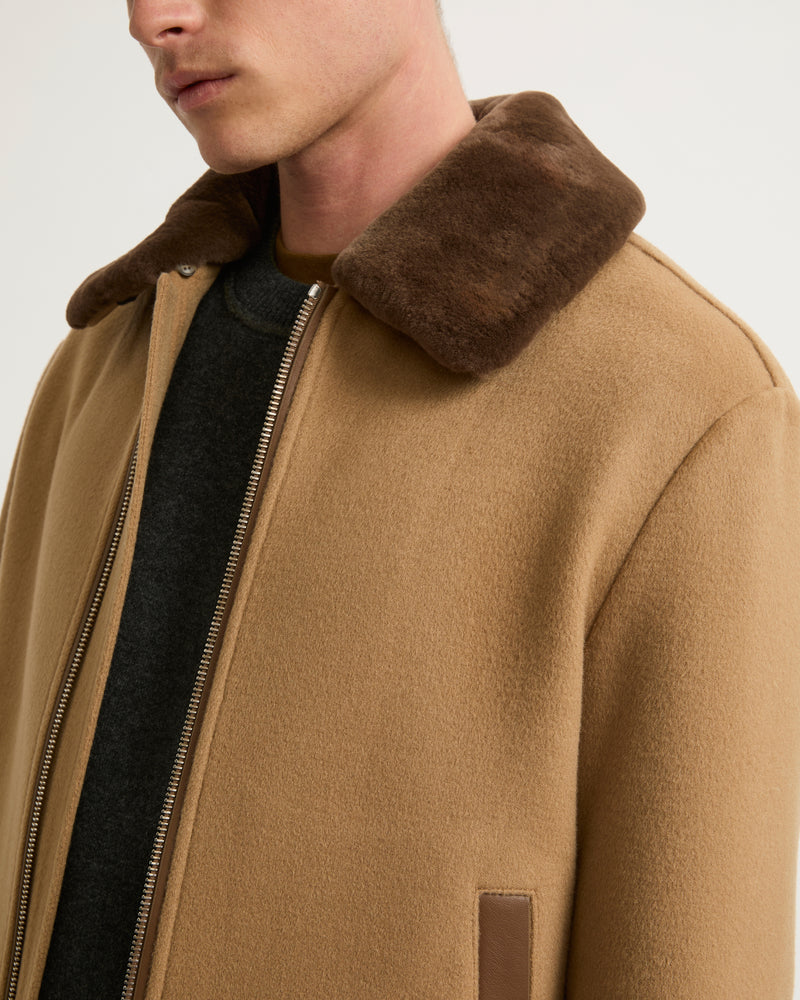 Veste zippée en tissu double-face laine-cachemire avec col en fourrure de vison
