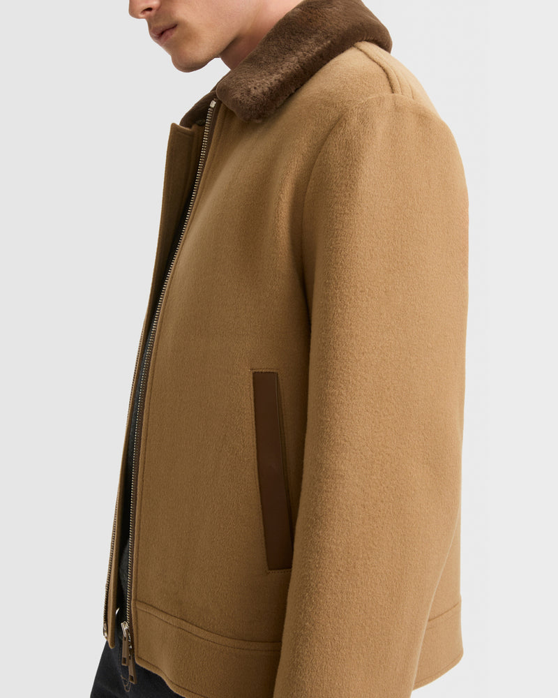 Veste zippée en tissu double-face laine-cachemire avec col en fourrure de vison