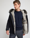 Short parka in technical wool and fox and rabbit fur