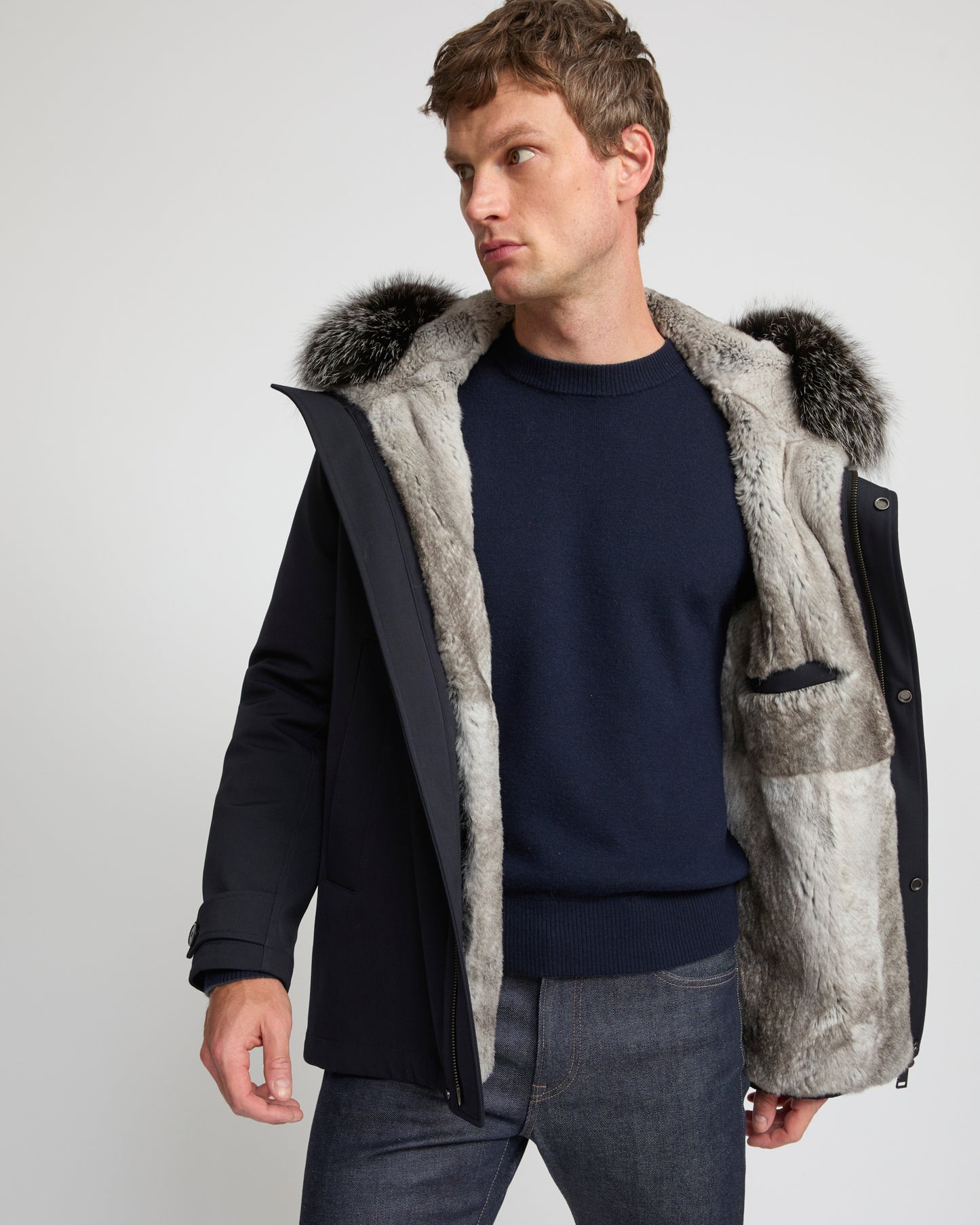Short parka in technical wool and fox and rabbit fur