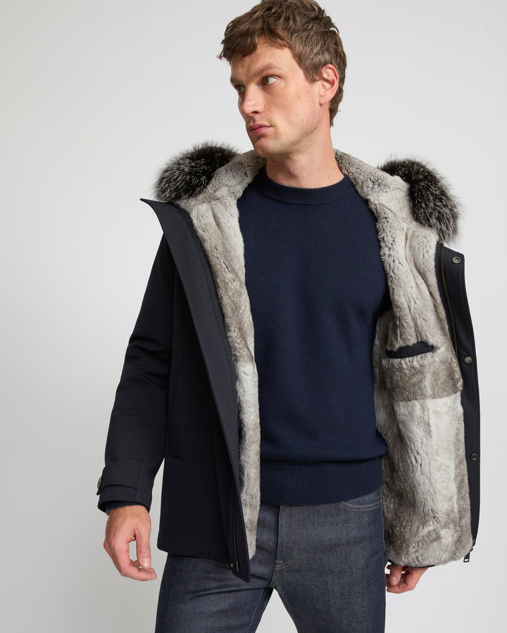 Short parka in technical wool and fox and rabbit fur