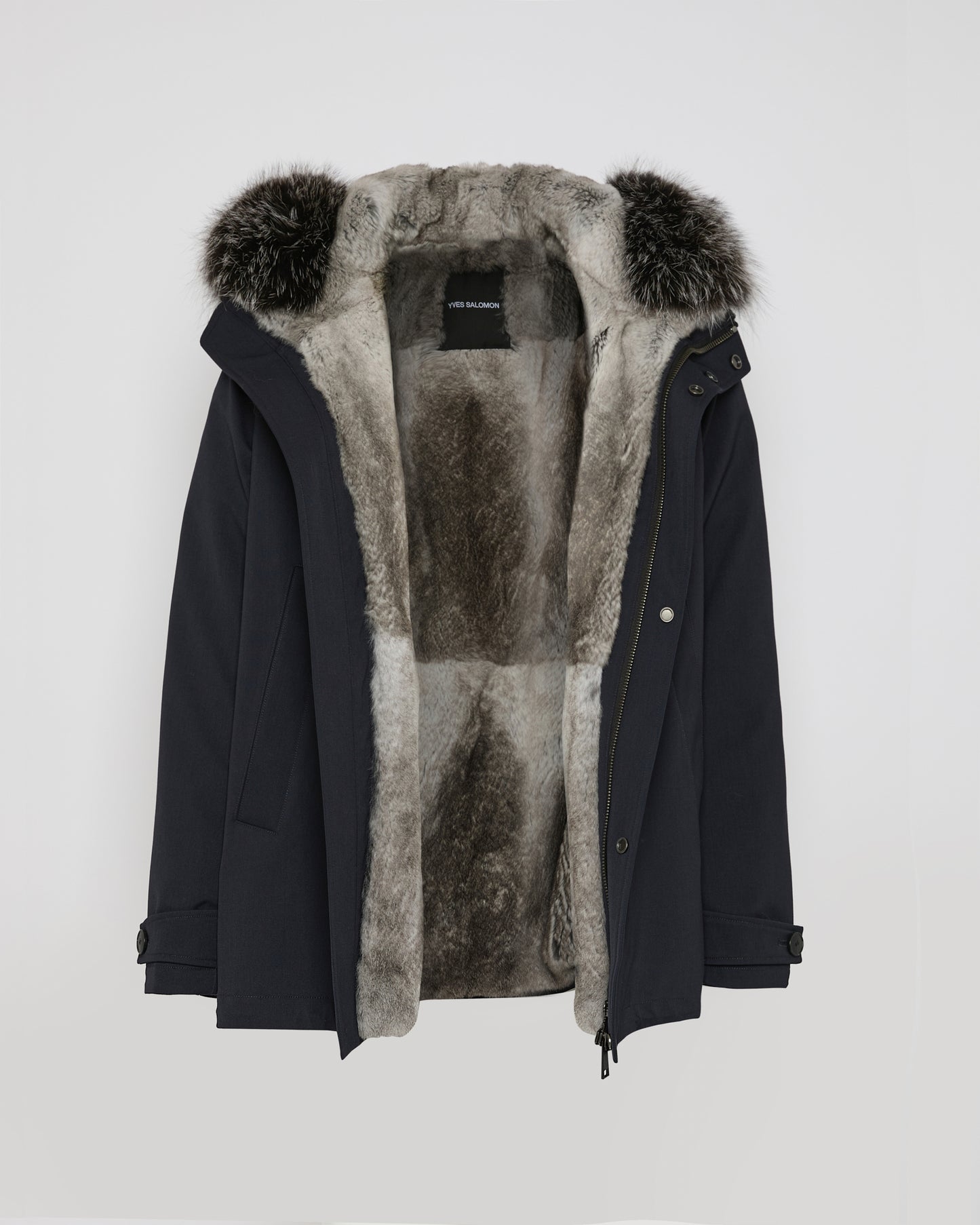 Short parka in technical wool and fox and rabbit fur