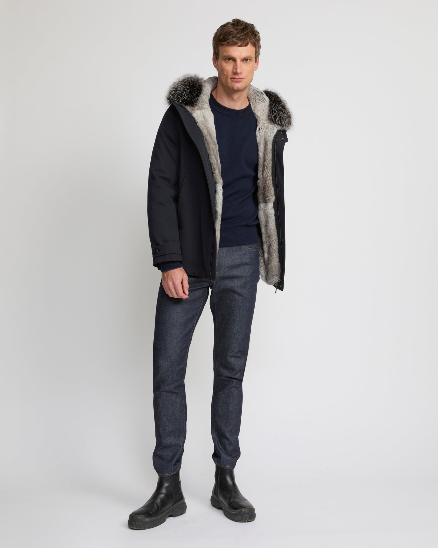 Short parka in technical wool and fox and rabbit fur