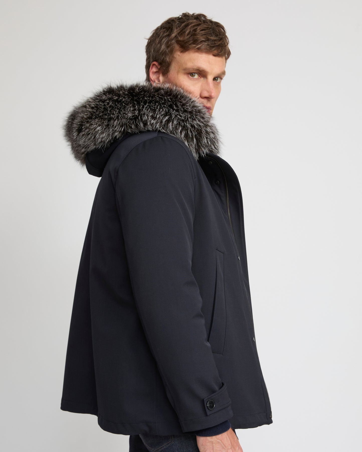 Short parka in technical wool and fox and rabbit fur