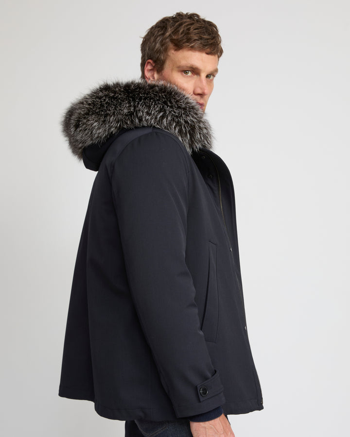 Short parka in technical wool and fox and rabbit fur