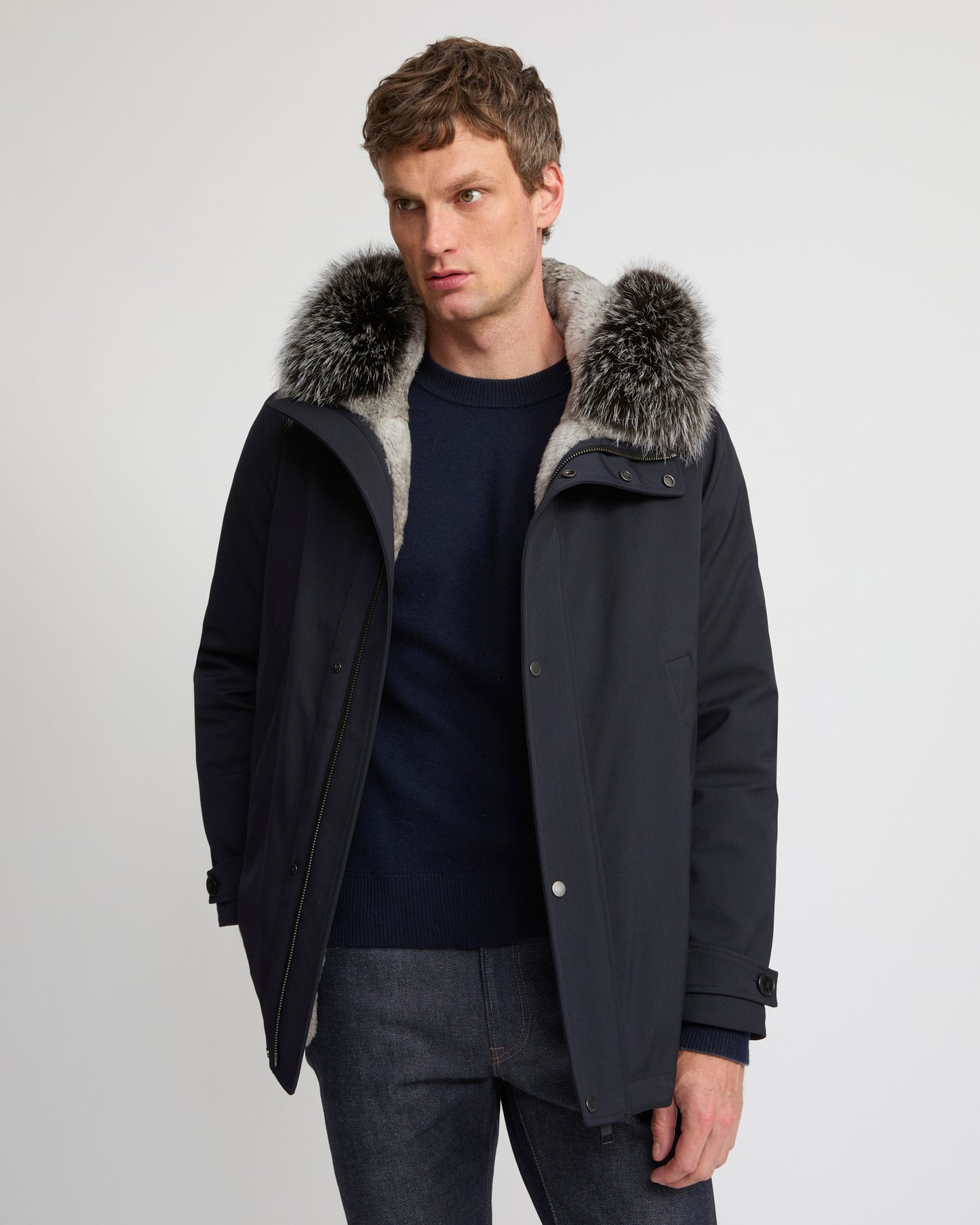 Short parka in technical wool and fox and rabbit fur