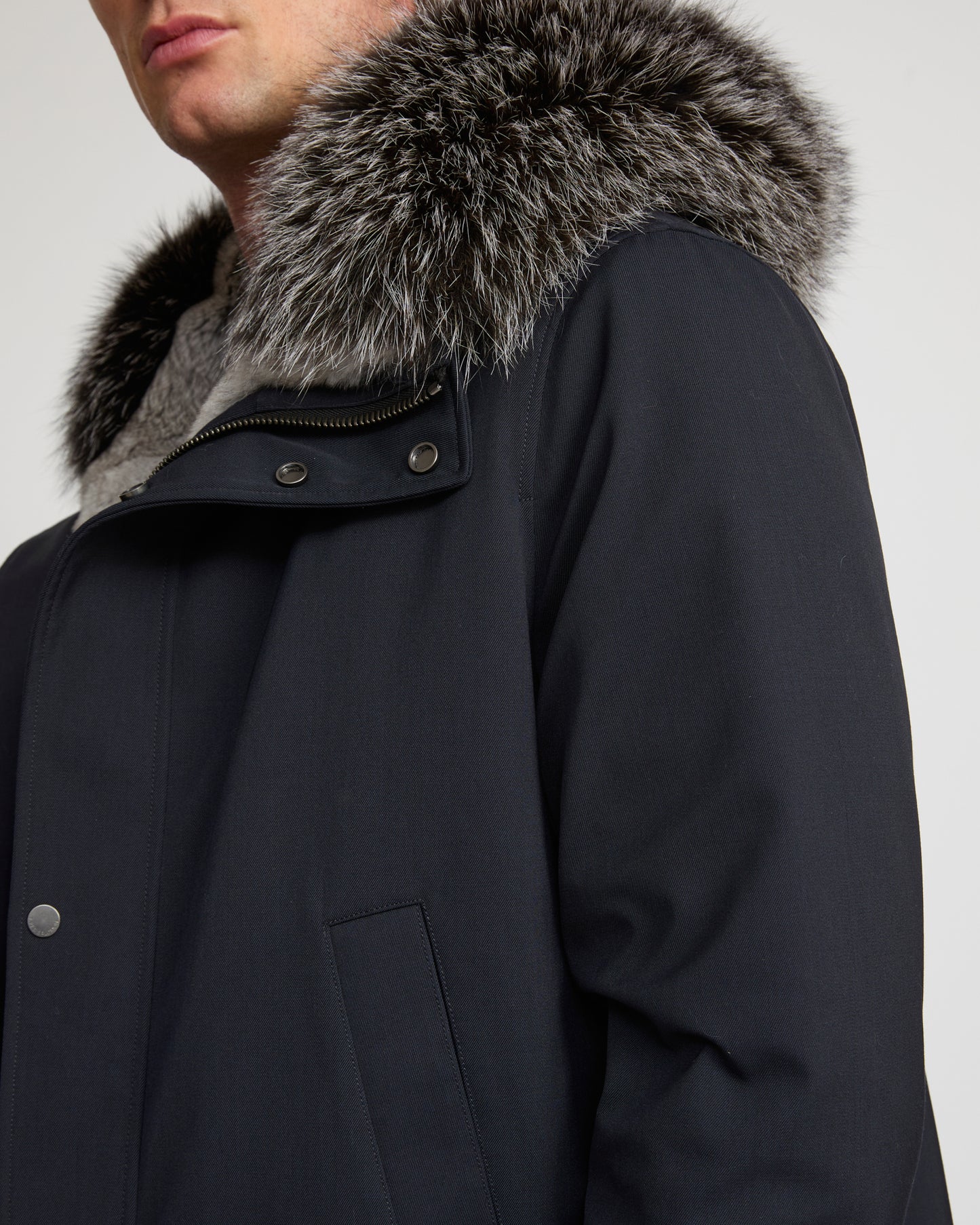 Short parka in technical wool and fox and rabbit fur