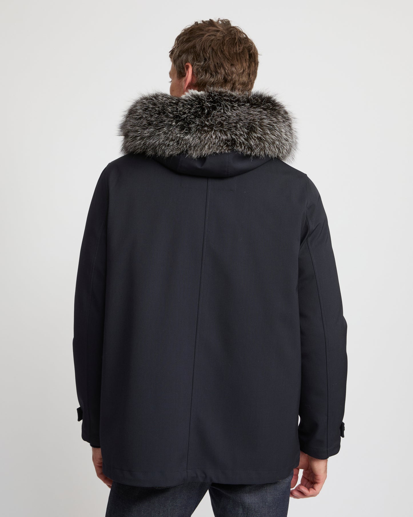 Short parka in technical wool and fox and rabbit fur