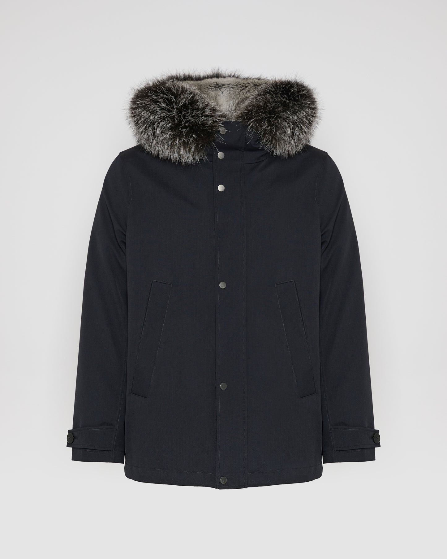 Short parka in technical wool and fox and rabbit fur