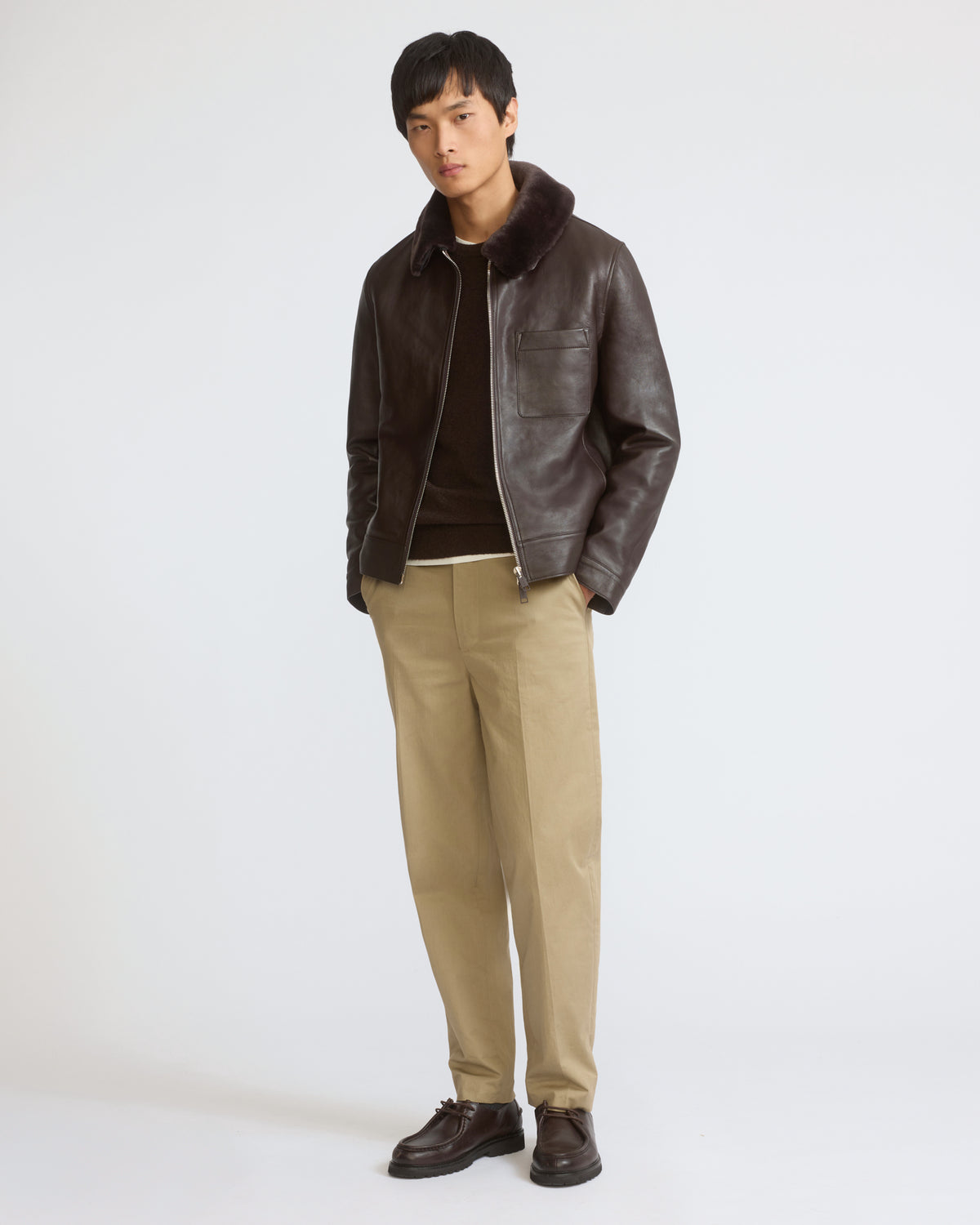 Veste en cuir avec col en peau lainée - Yves Salomon - Nouvelle collection Automne Hiver