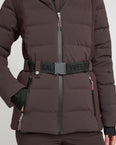 Mixed fabric belted ski jacket with fox fur trim