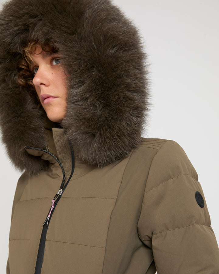 Veste de ski ceinturée en mix de tissus avec fourrure de renard imperméable -Yves Salomon