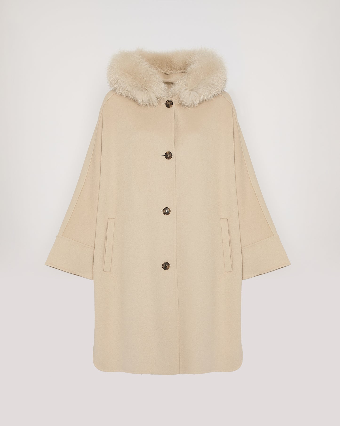 Cashmere blend hooded cape with fox trim