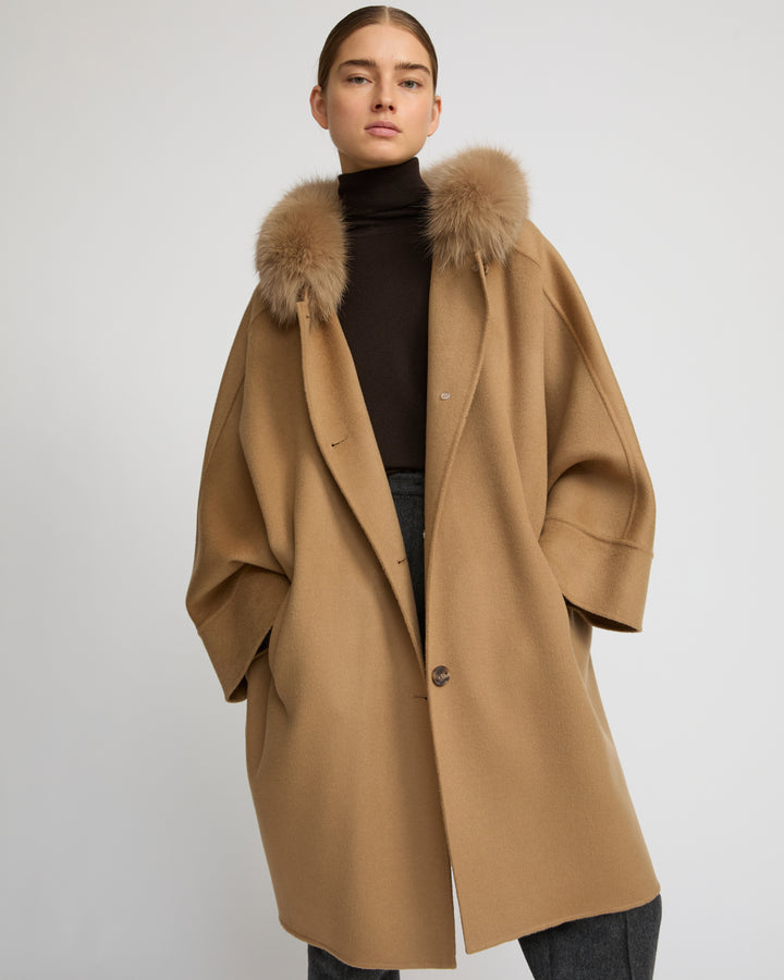 Cashmere blend hooded cape with fox trim