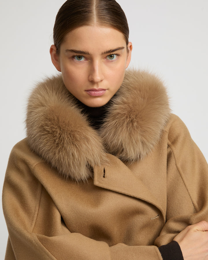 Cashmere blend hooded cape with fox trim
