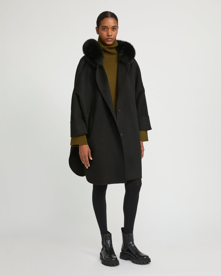 Cashmere blend hooded cape with fox trim