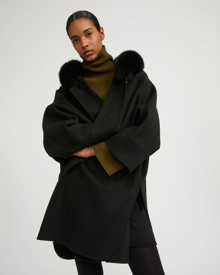 Cashmere blend hooded cape with fox trim
