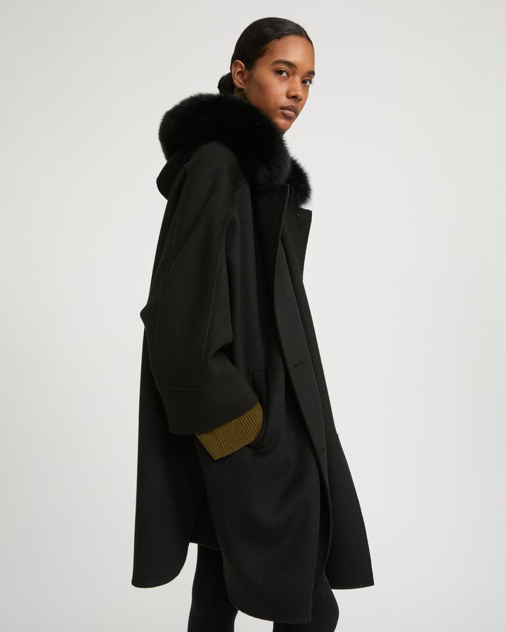Cashmere blend hooded cape with fox trim