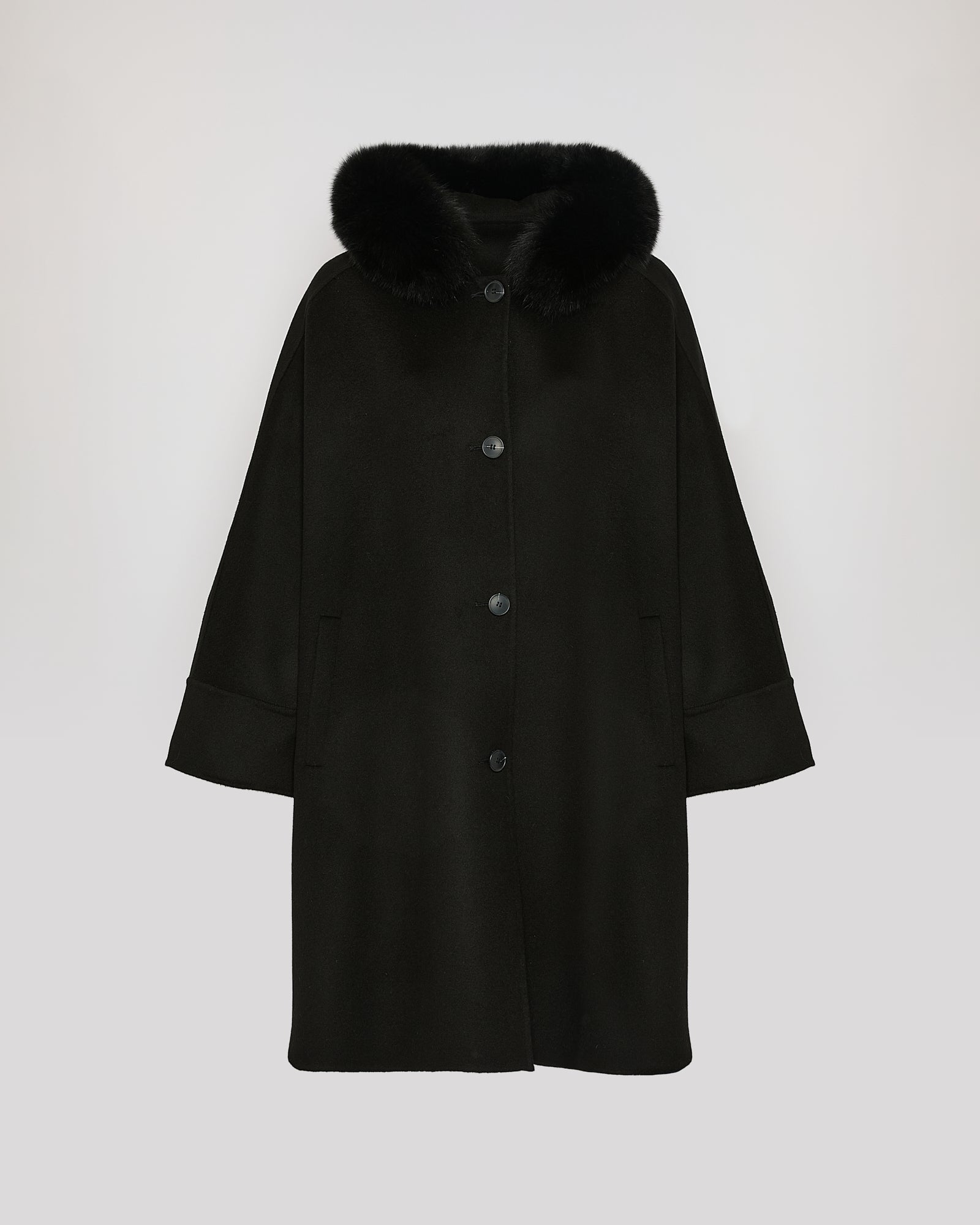 Winter sale -Cashmere blend hooded cape with fox trim-black – Yves