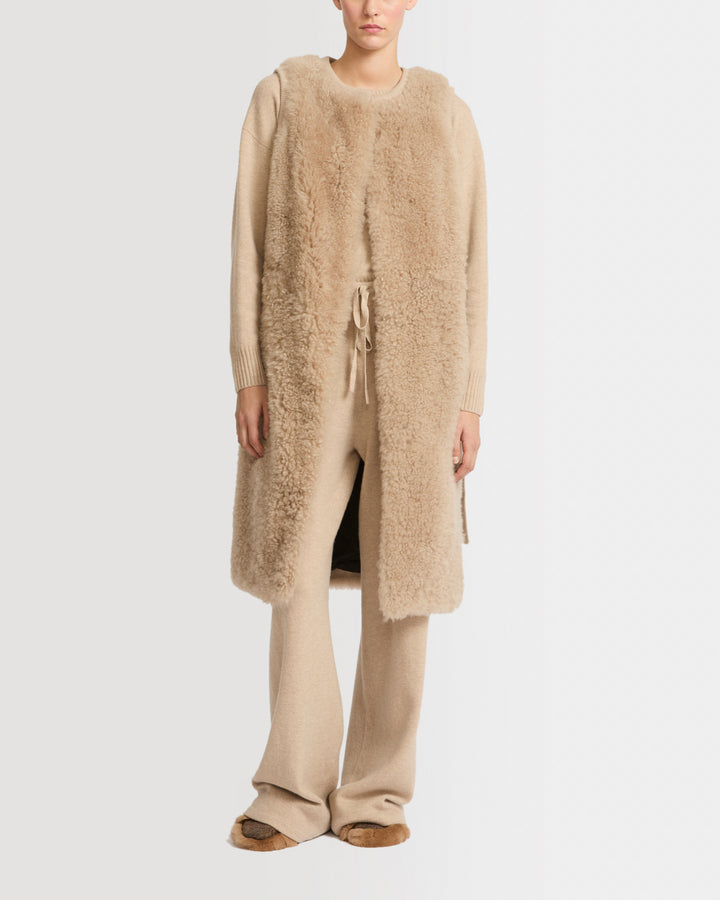 Gilet long ceinturé en maille mérinos et agneau