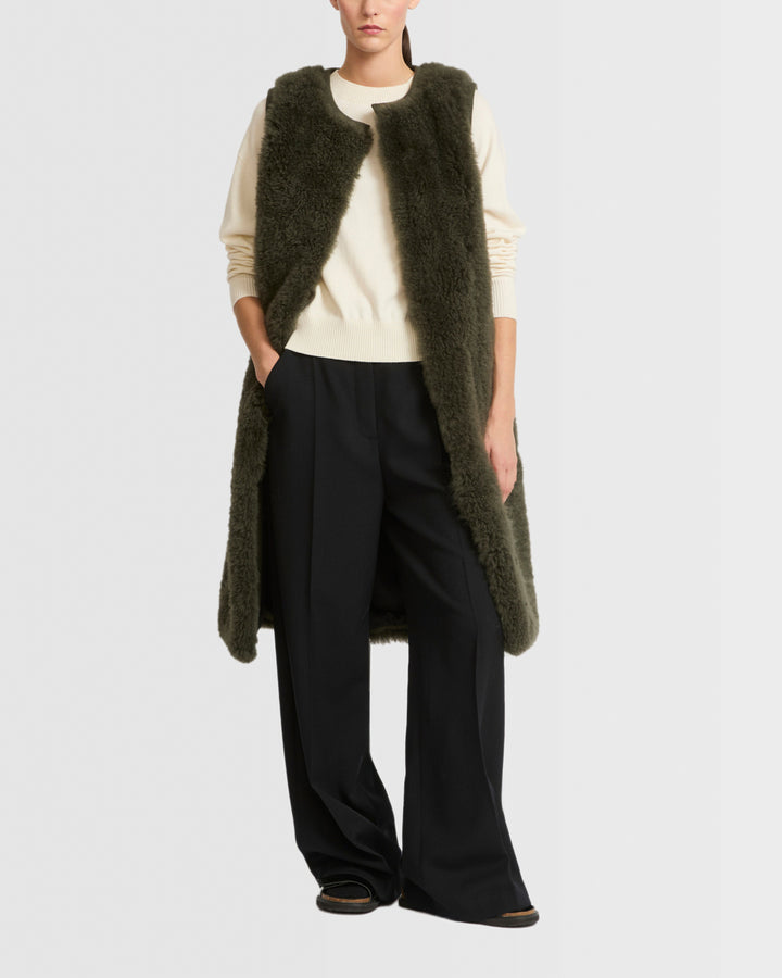 Gilet long ceinturé en maille mérinos et agneau