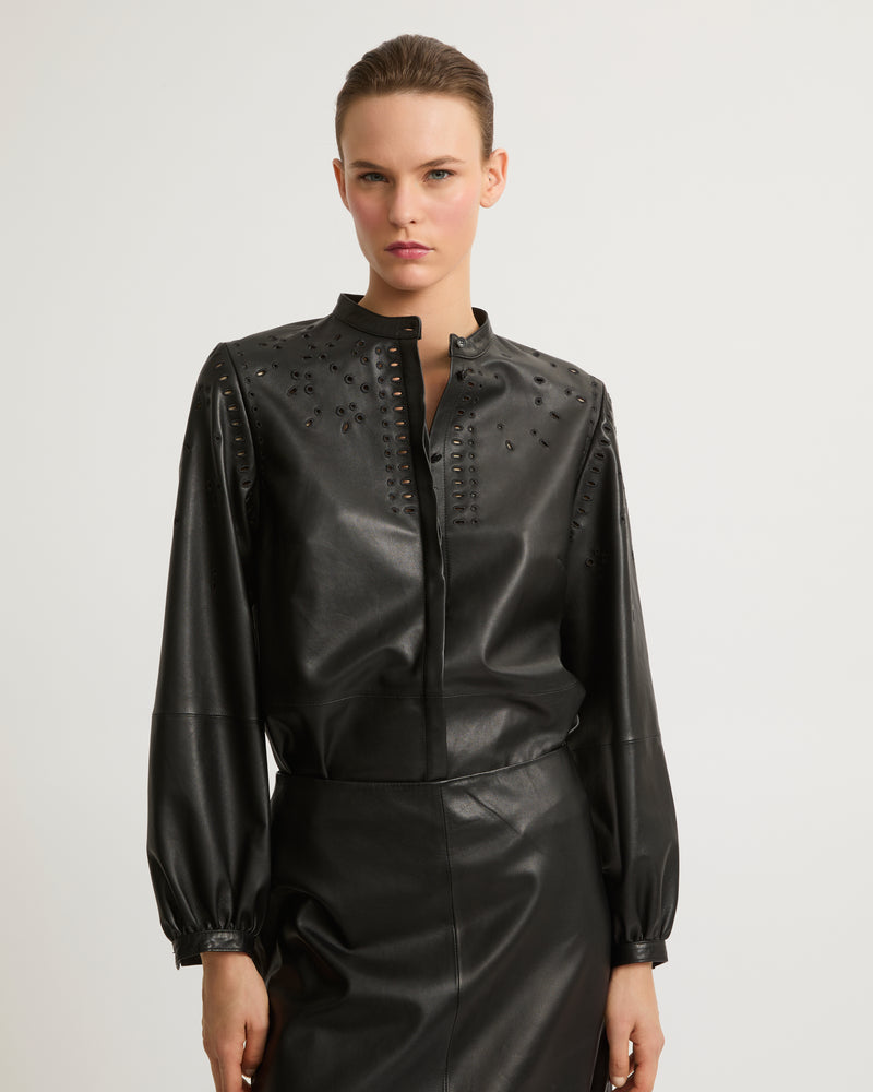Chemise en cuir avec broderies-Yves Salomon - Soldes d'hiver - Winter Sale