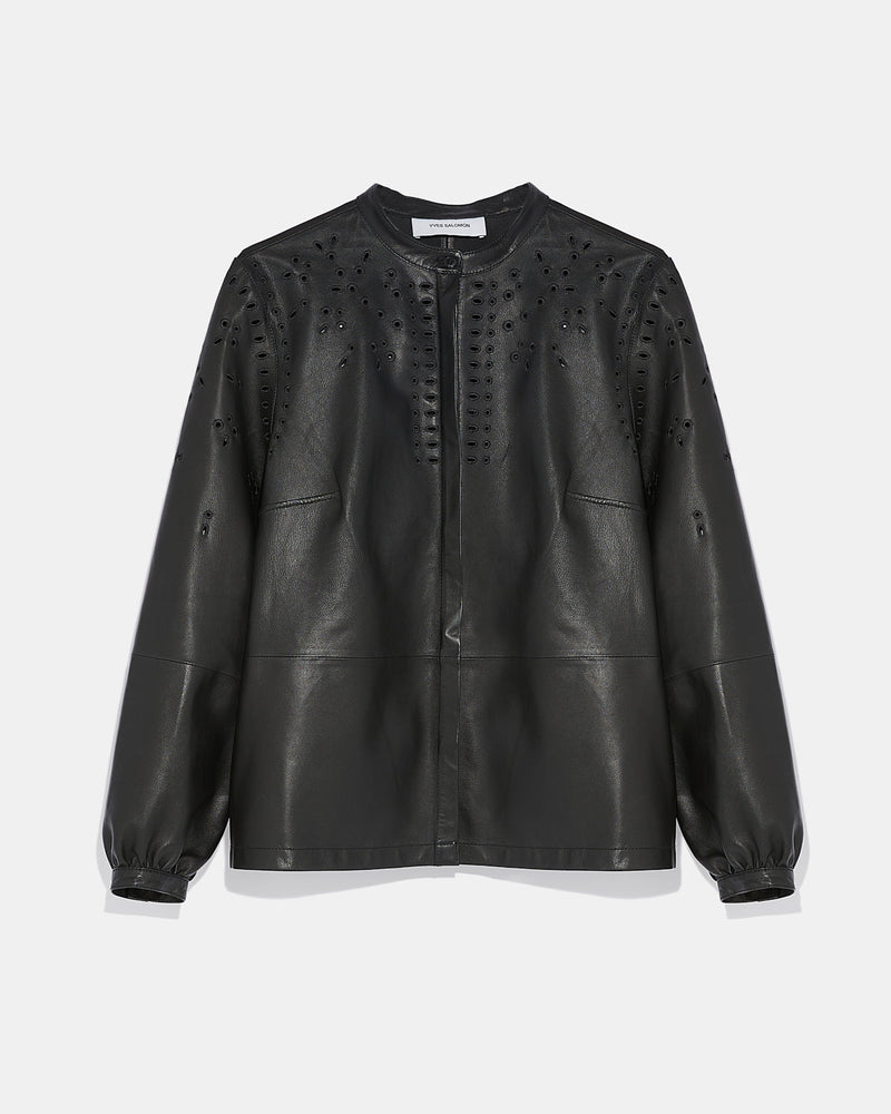 Chemise en cuir avec broderies-Yves Salomon - Soldes d'hiver - Winter Sale