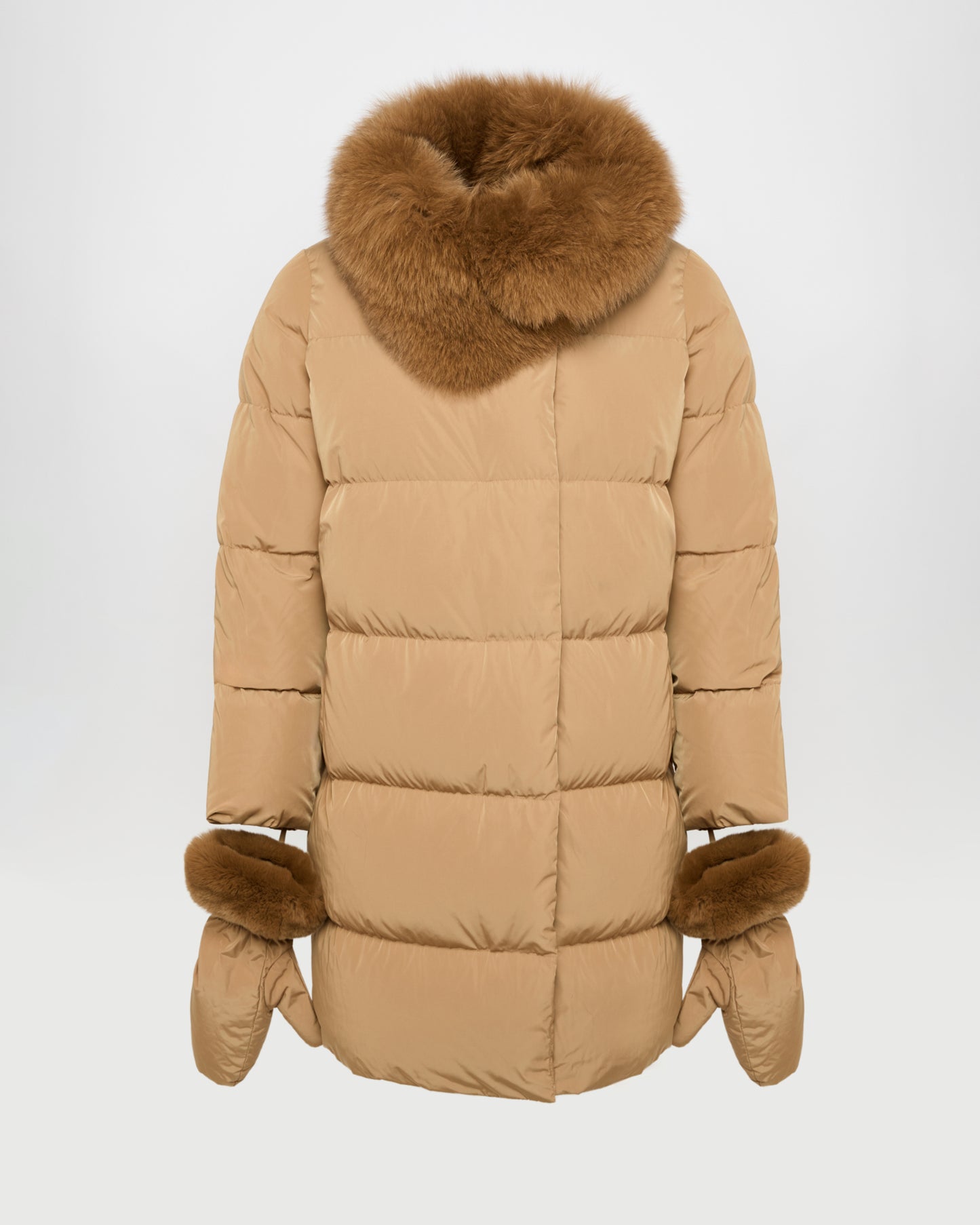 Doudoune longue ceinturée en tissu technique et col amovible en fourrure de renard