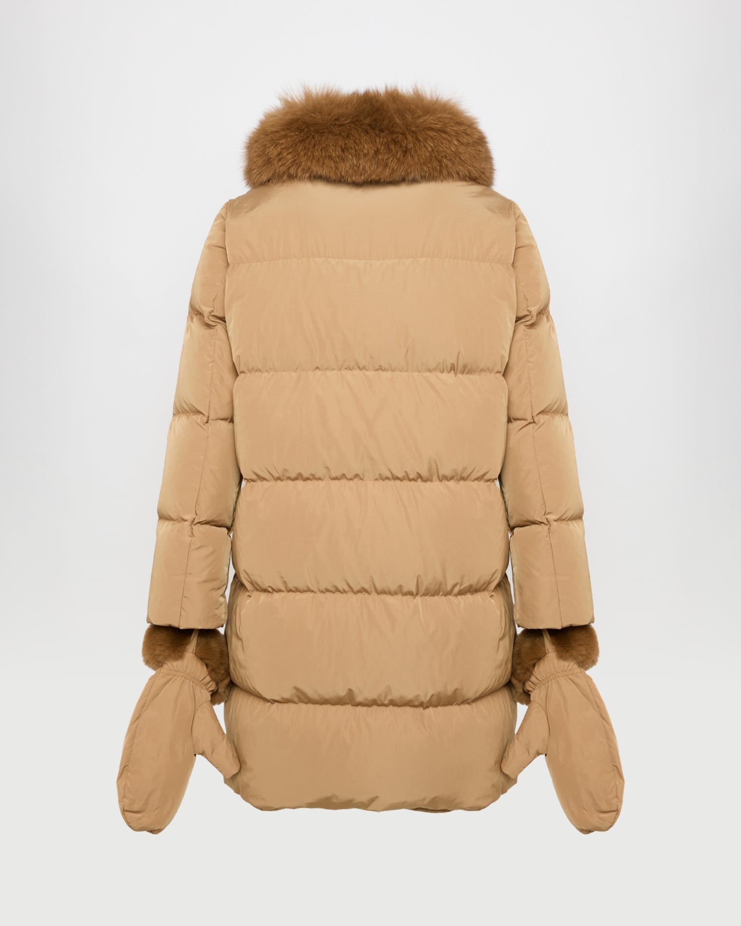 Doudoune longue ceinturée en tissu technique et col amovible en fourrure de renard