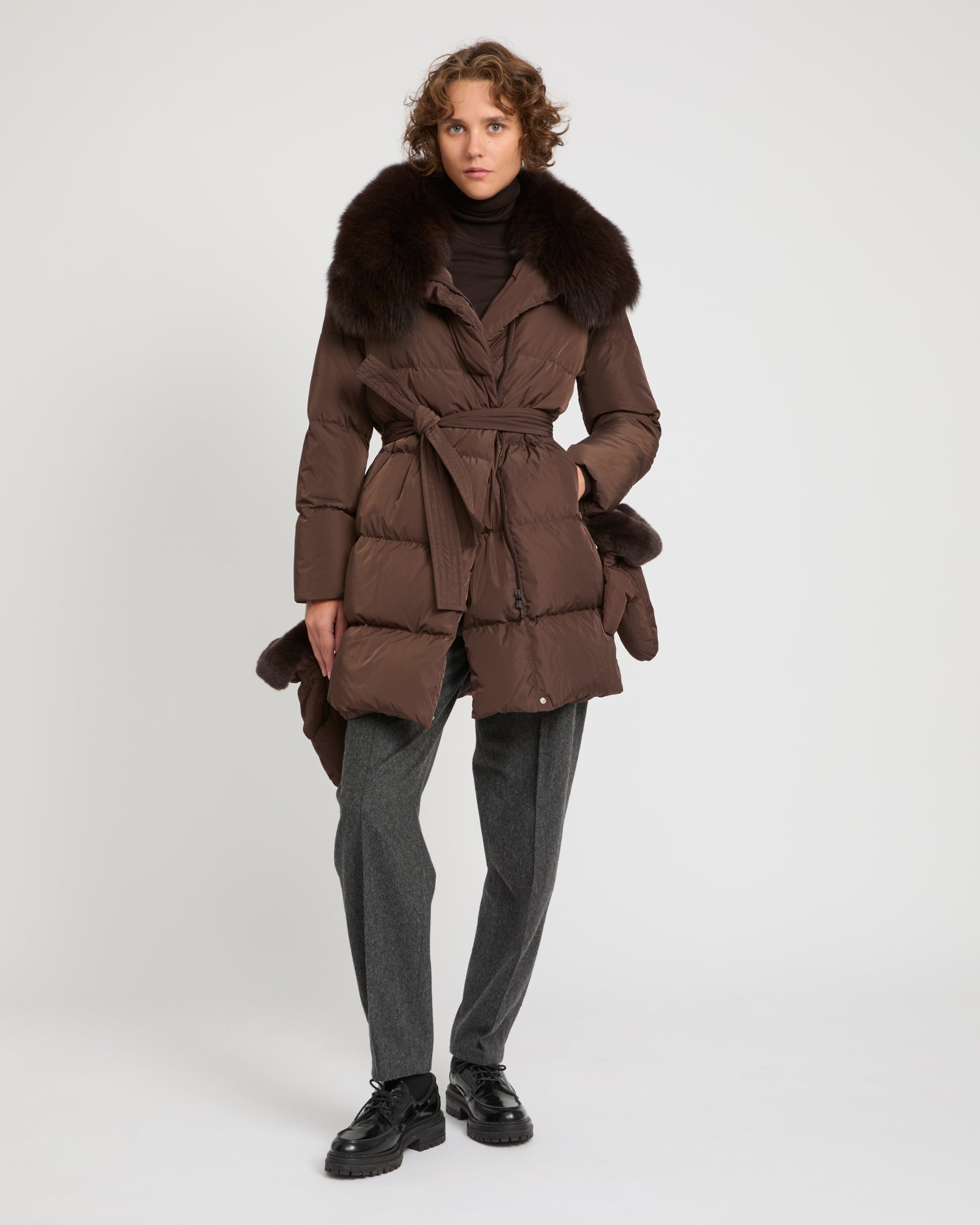 Long belted down jacket in technical fabric with detachable Long belted down jacket in technical fabric with detachable