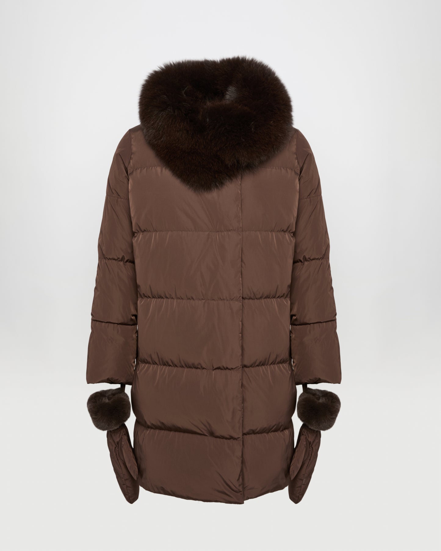 Doudoune longue ceinturée en tissu technique et col amovible en fourrure de renard