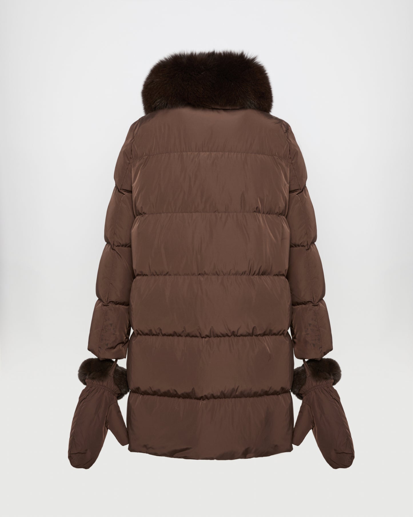 Doudoune longue ceinturée en tissu technique et col amovible en fourrure de renard