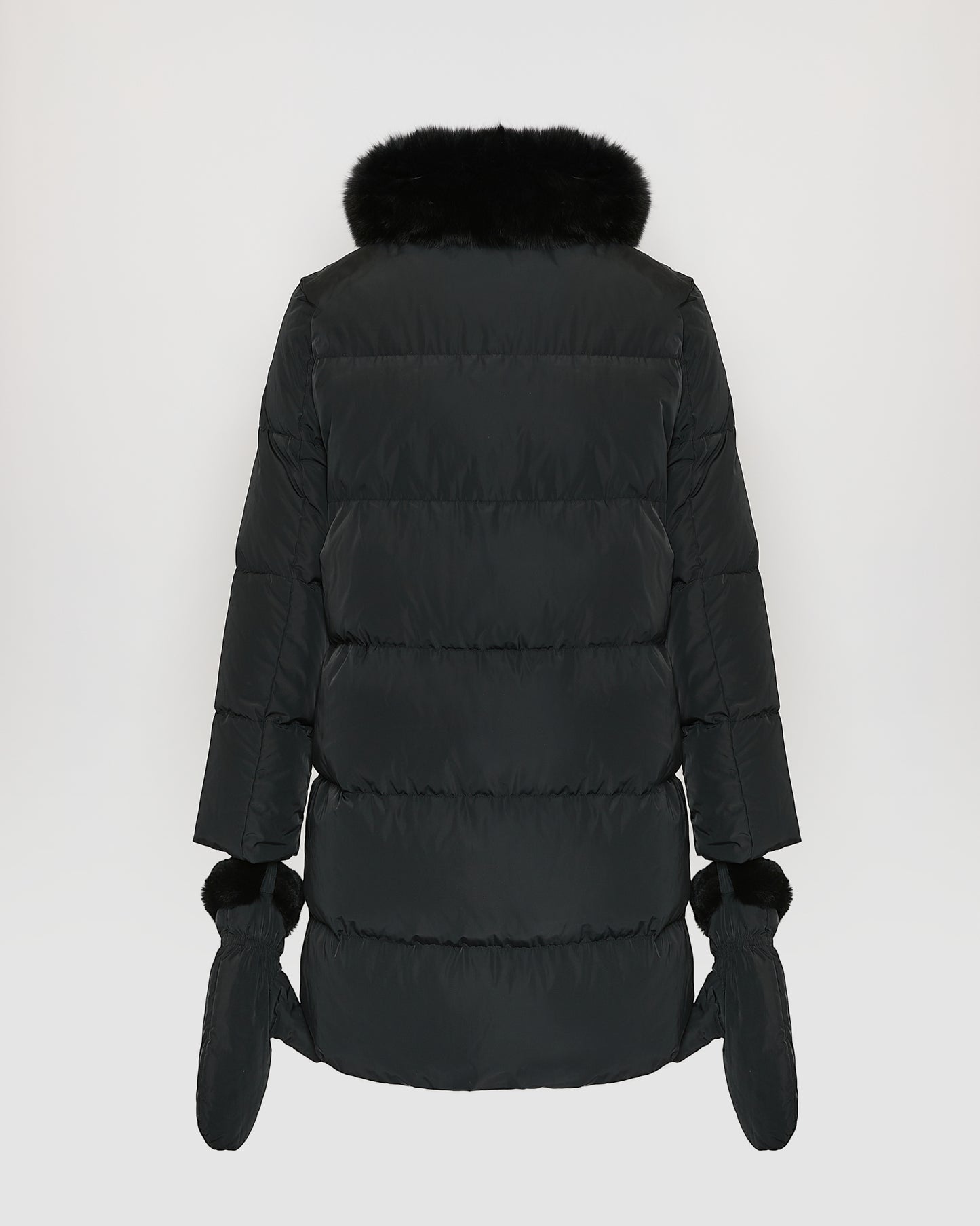 Doudoune longue ceinturée en tissu technique et col amovible en fourrure de renard