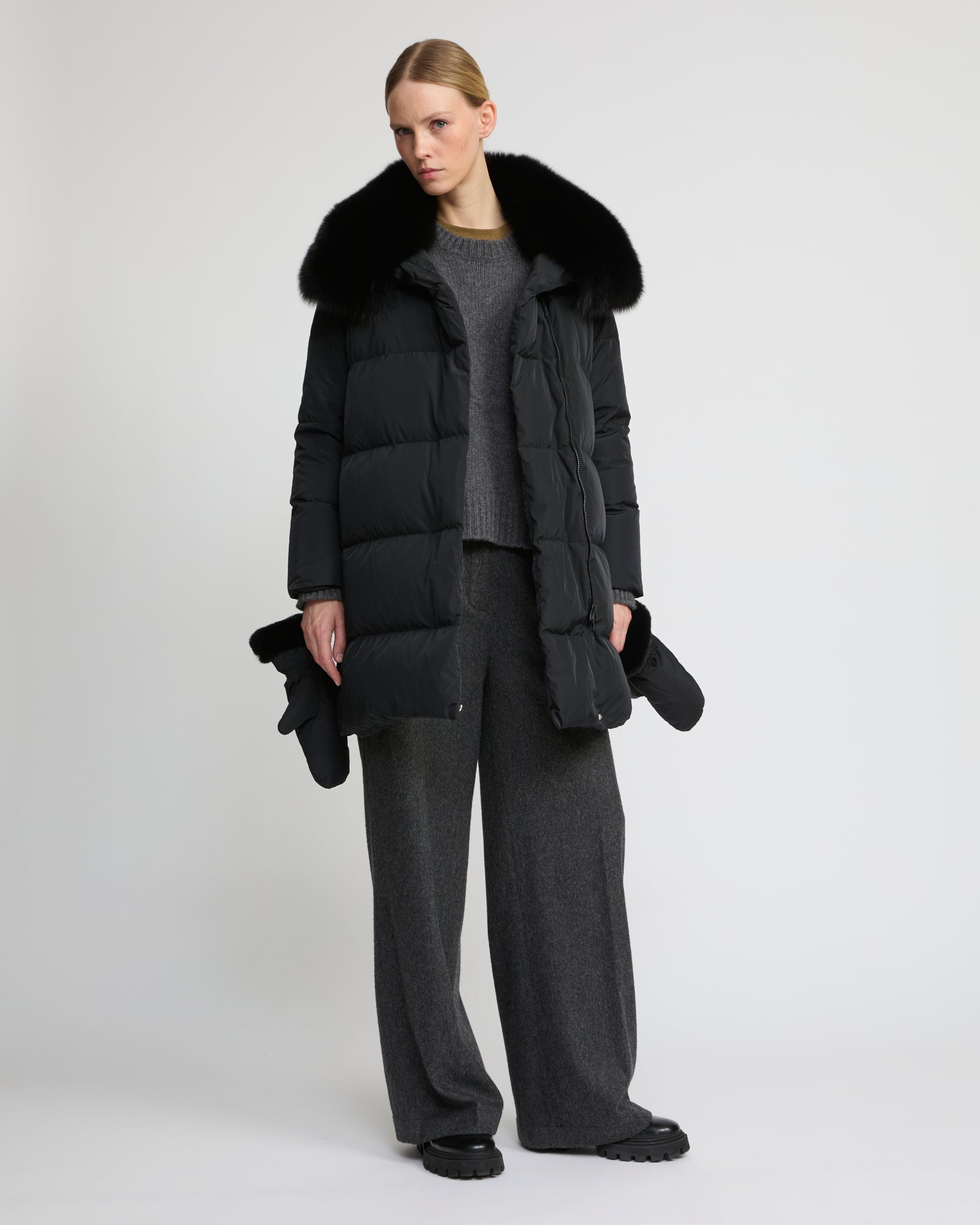Long belted down jacket in technical fabric with detachable Long belted down jacket in technical fabric with detachable