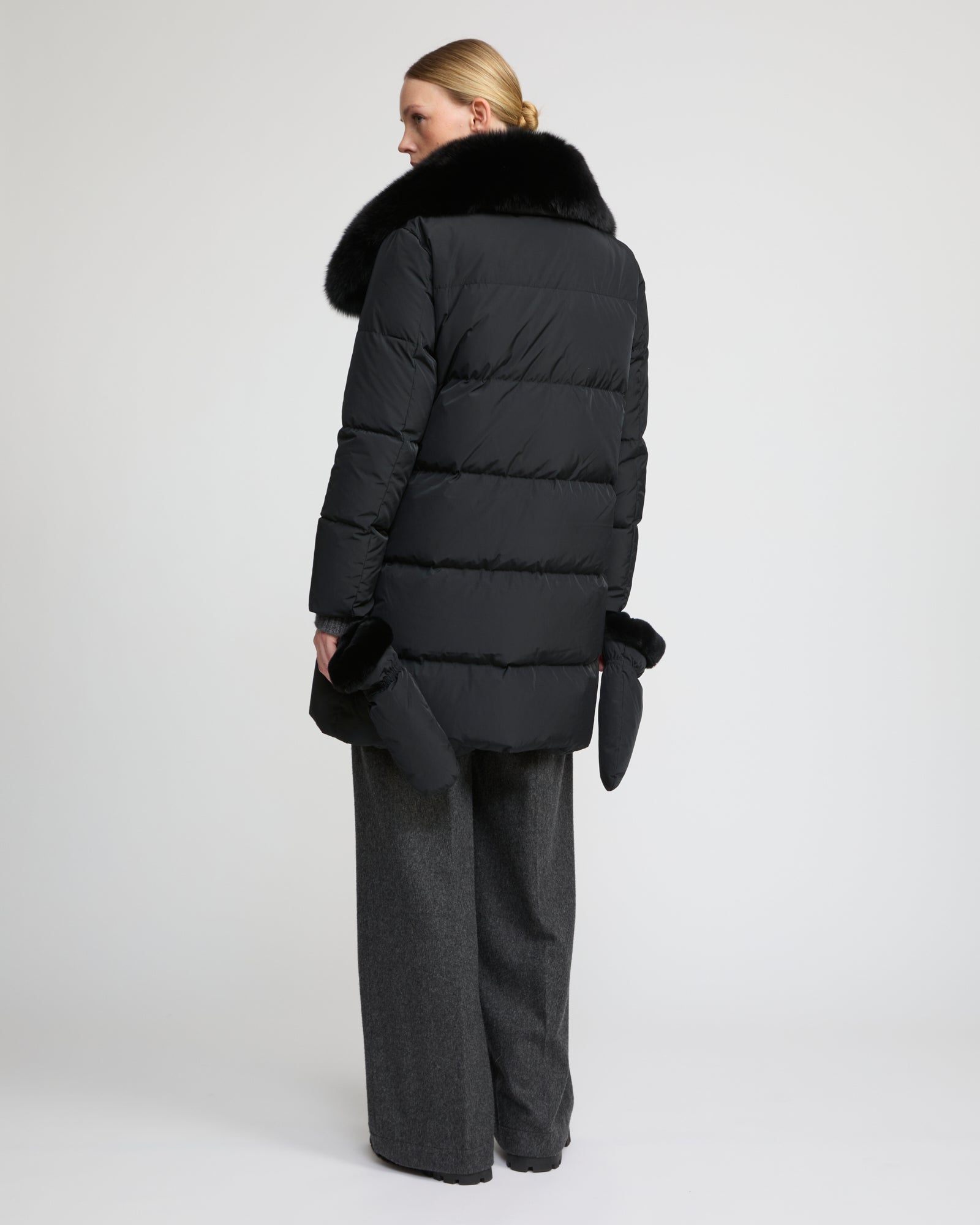 Long belted down jacket in technical fabric with detachable