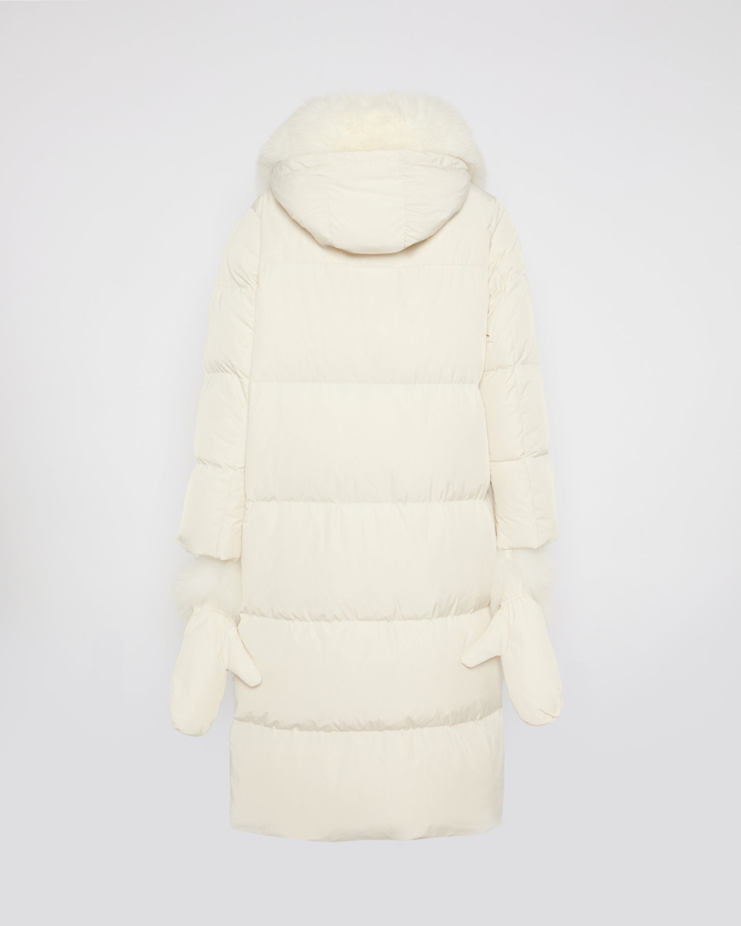 Doudoune longue ceinturée en tissu technique et col amovible en renard