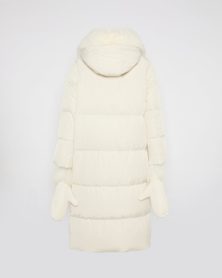 Doudoune longue ceinturée en tissu technique et col amovible en renard