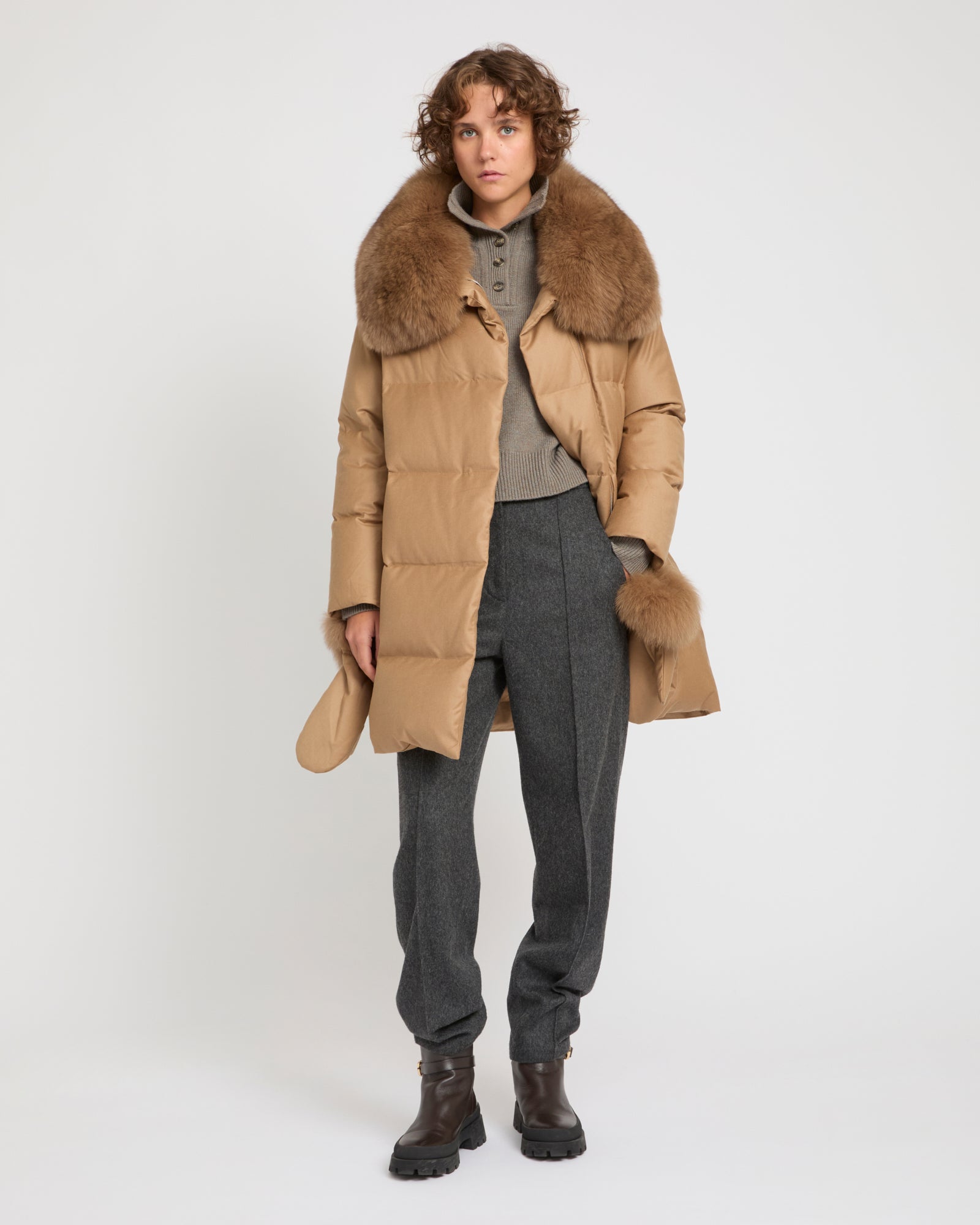 Long Down Jacket made with Loro Piana flannel with fox fur