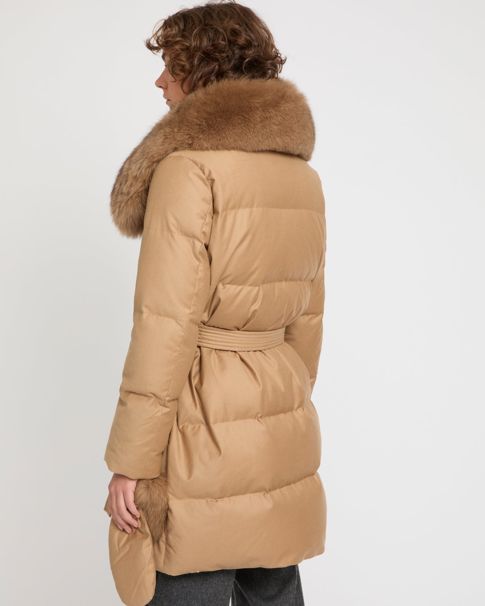Long Down Jacket made with Loro Piana flannel with fox fur collar