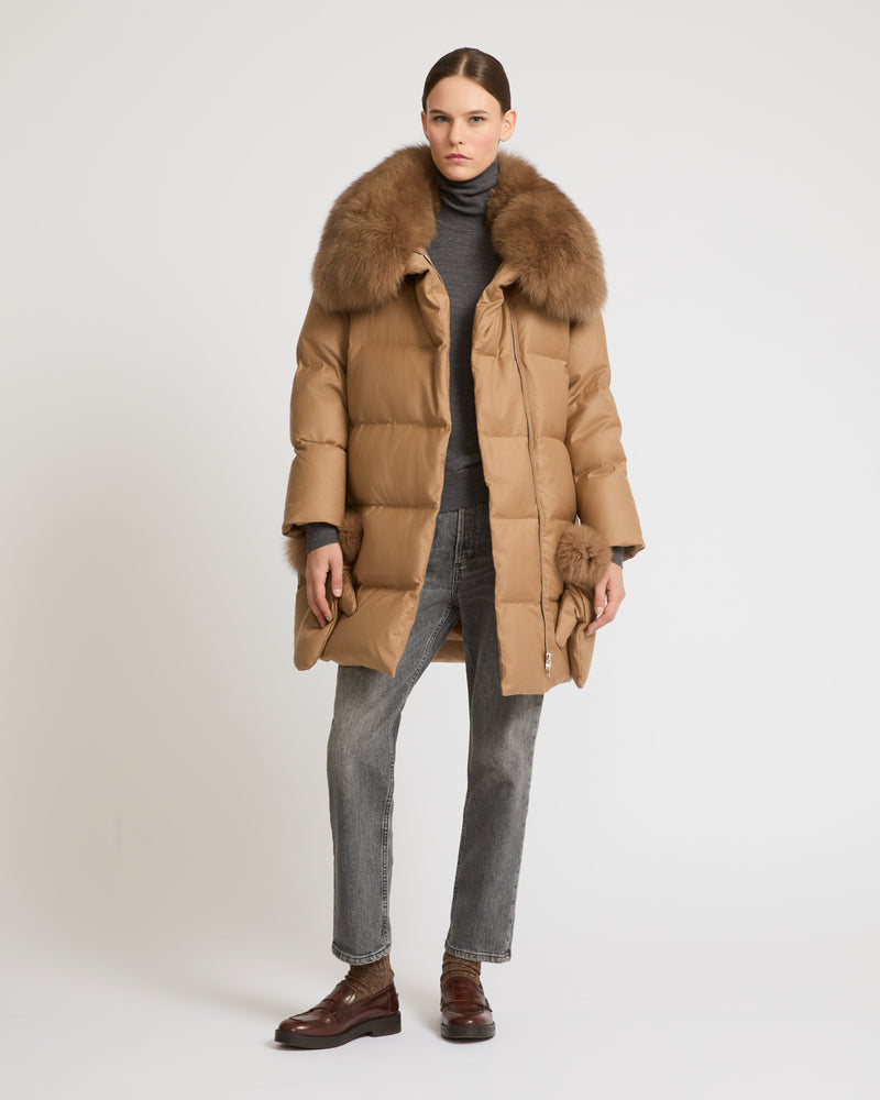 Down jacket with Loro Piana Flanel fabric Camel Yves Salomon
