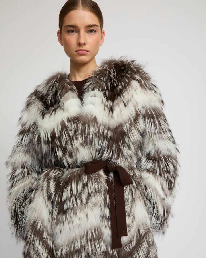 Belted coat in merino knit and fox fur