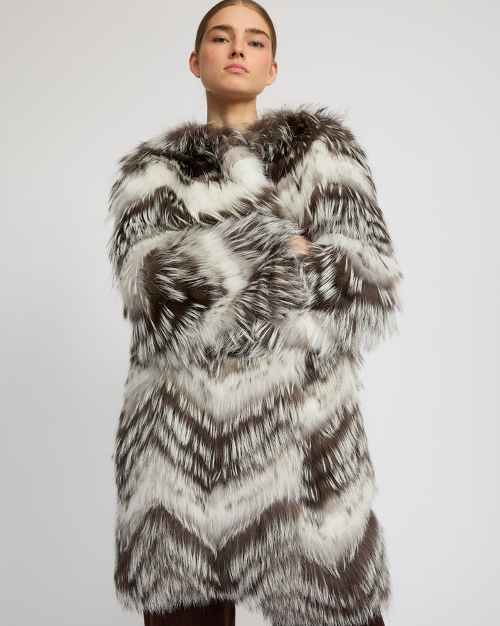 Belted coat in merino knit and fox fur