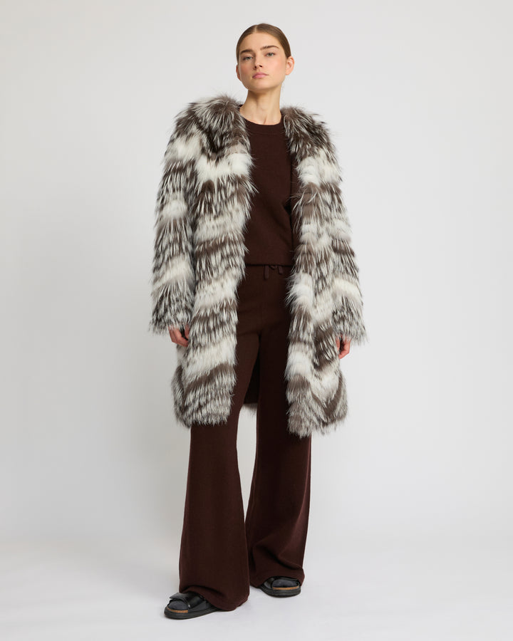 Belted coat in merino knit and fox fur