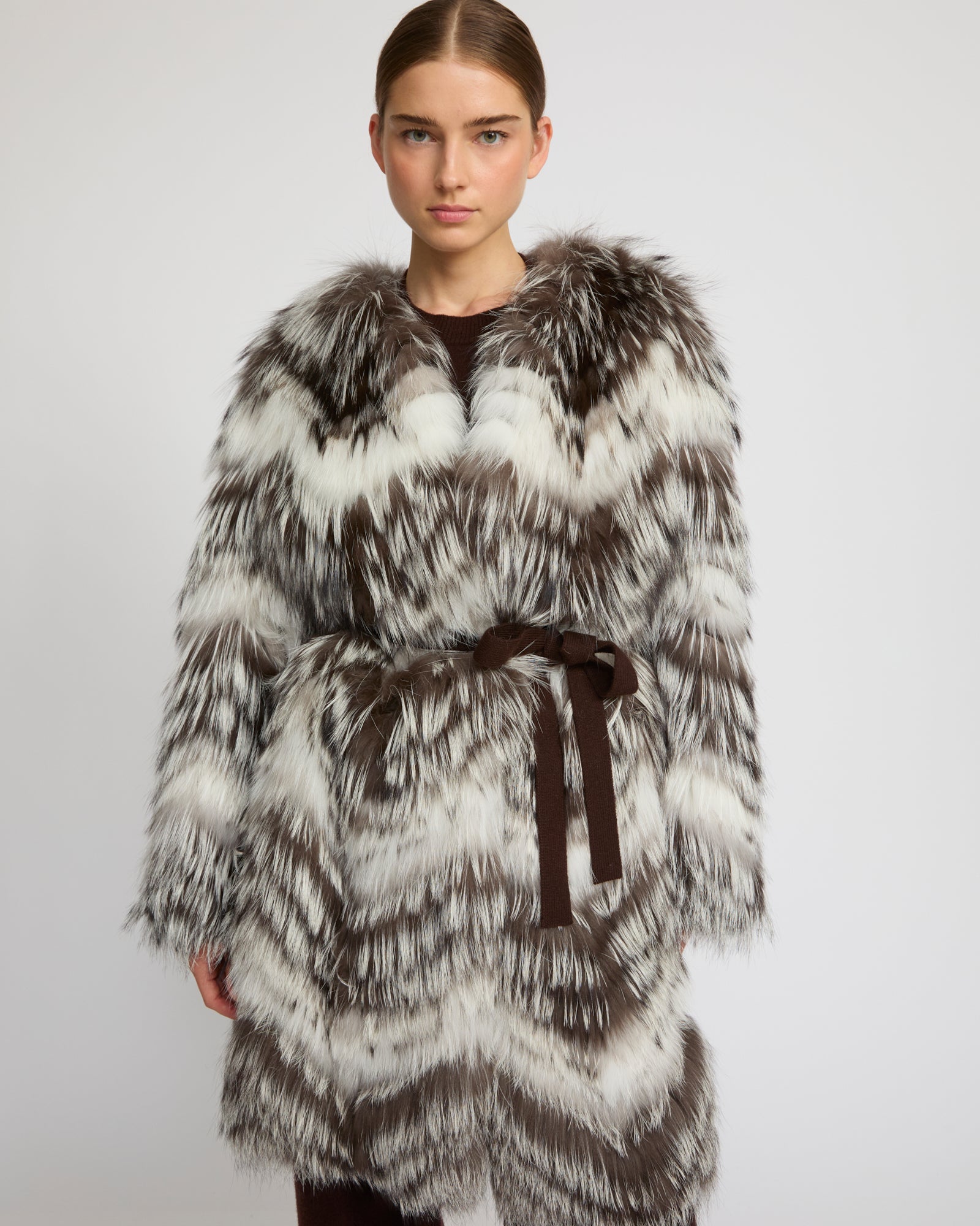 Manteau ceinturé en maille mérinos et fourrure de renard -Yves Salomon